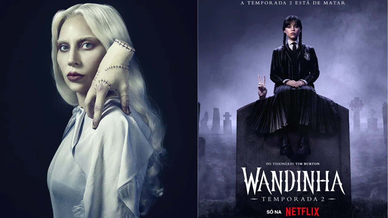 Lady Gaga aparece caracterizada como Rosaline Rotwood, sua personagem na 2ª temporada de “Wandinha”