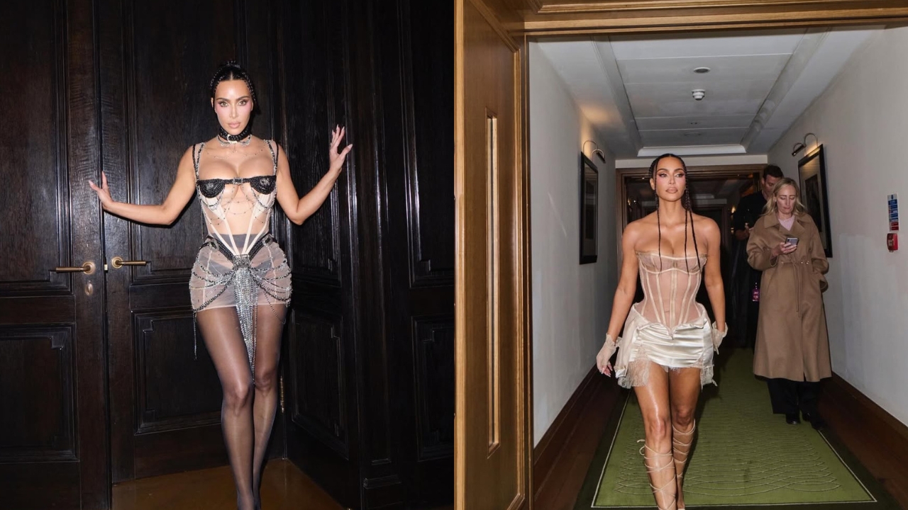 Kim Kardashian utilizando dois dos seus looks para o aniversário de 45 anos. Os dois minivestidos tem transparências ousadas. O primeiro, á direita tem detalhes em couro, correntes e cabelo falso. O segundo é em tom champagne e tem um corset bem estruturado