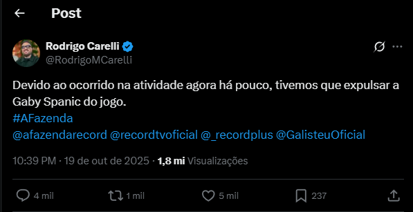 A Fazenda 17: Gaby Spanic quebra silêncio após saída polêmica Uma foto do tweet do da rede social X