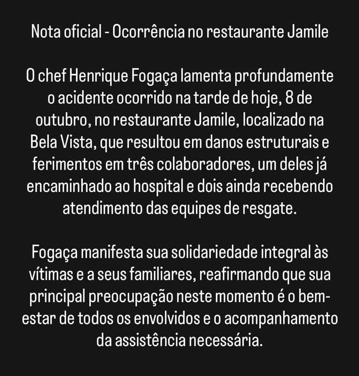 Após explosão no restaurante Jamile, Henrique Fogaça se pronuncia e esclarece vínculo com o local
