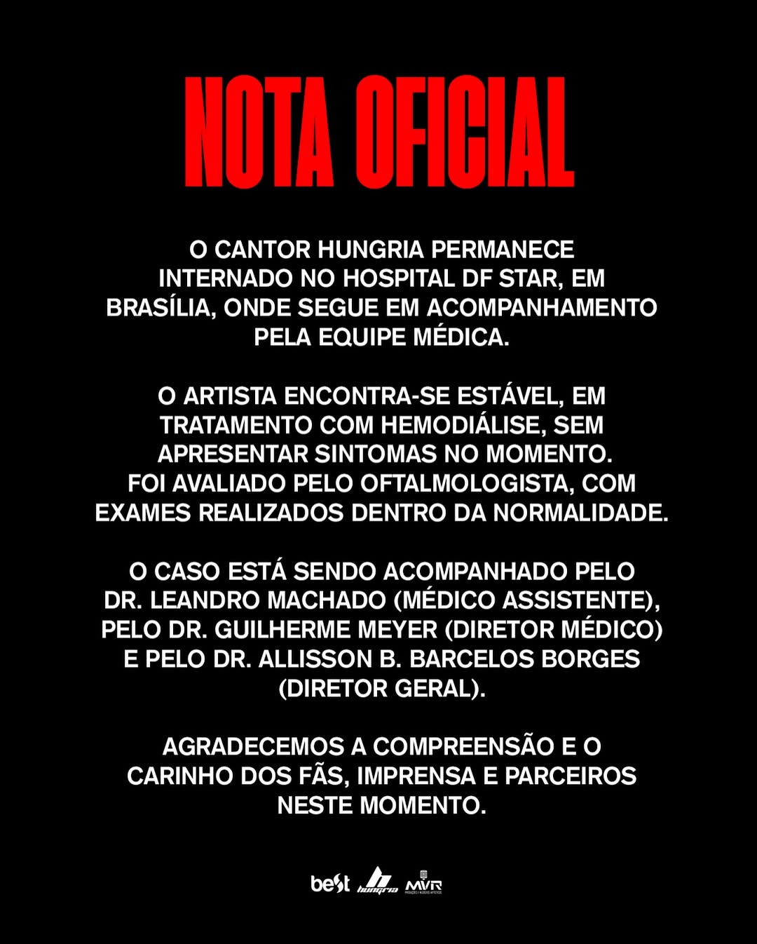 Após internação às pressas, Hungria publica foto no hospital e agradece apoio