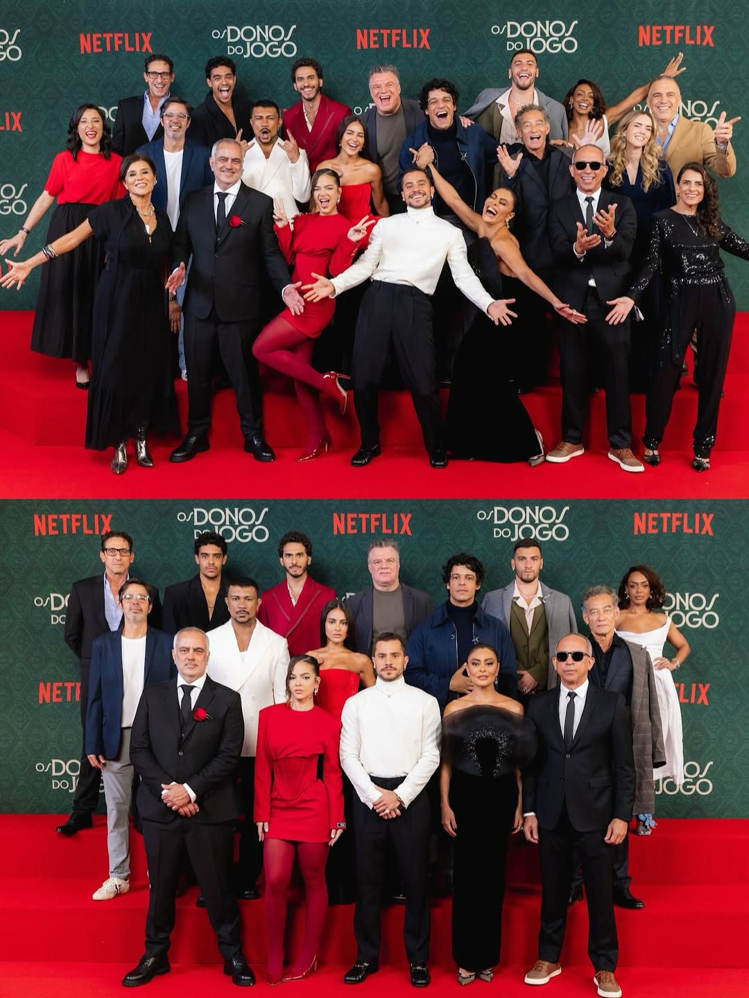 Elenco da nova série da Netfliz em frente a um mural para foto