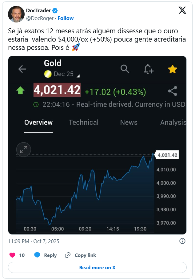 Ouro alcança valor recorde no mercado internacional