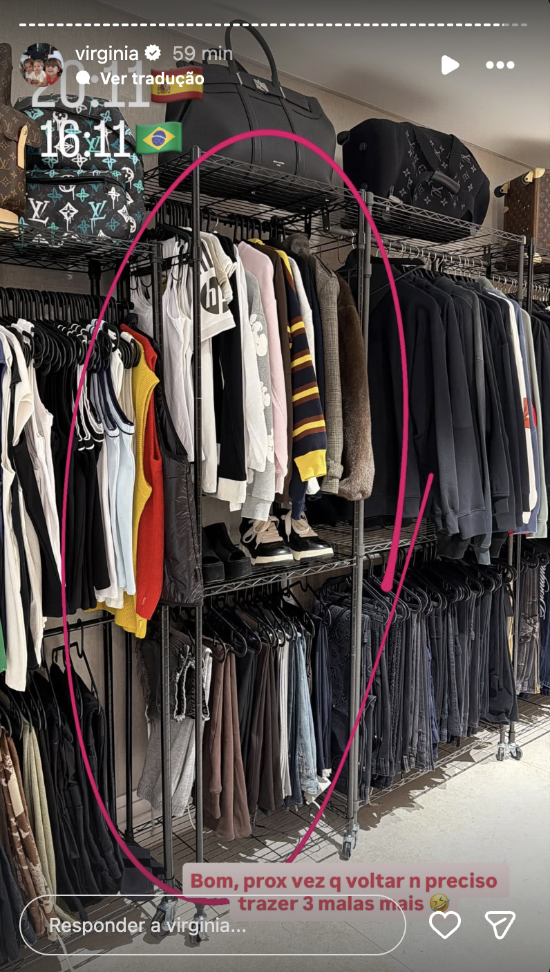 Stories de Virginia, mostrando a área do closet que pertence a ela circulada em rosa.