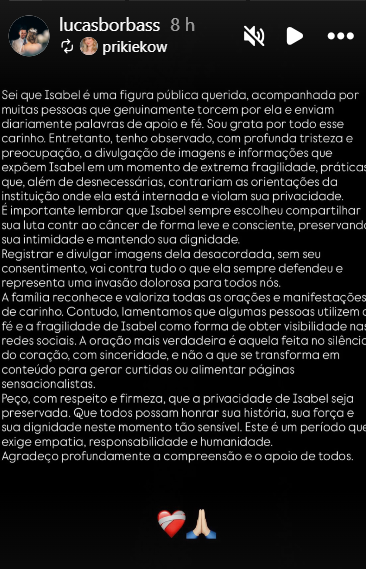 Marido de Isabel Veloso pede privacidade após vazamento de imagens Marido de Isabel Veloso pede privacidade após vazamento de imagens