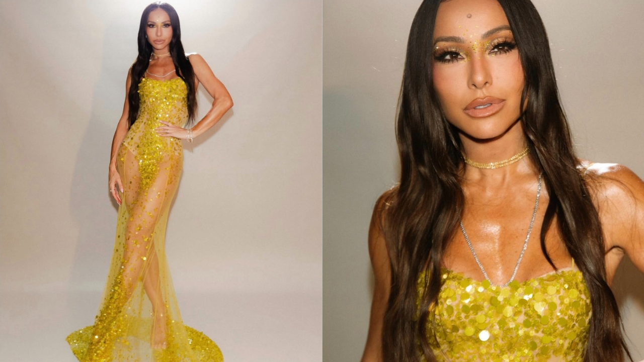 Sabrina Sato usa vestido dourado e transparente no Prêmio Multishow