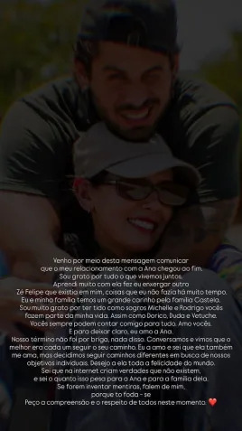 O cantor sertanejo Zé Felipe em suas redes sociais, anunciando o término do relacionamento com a cantora sertaneja Ana Castela