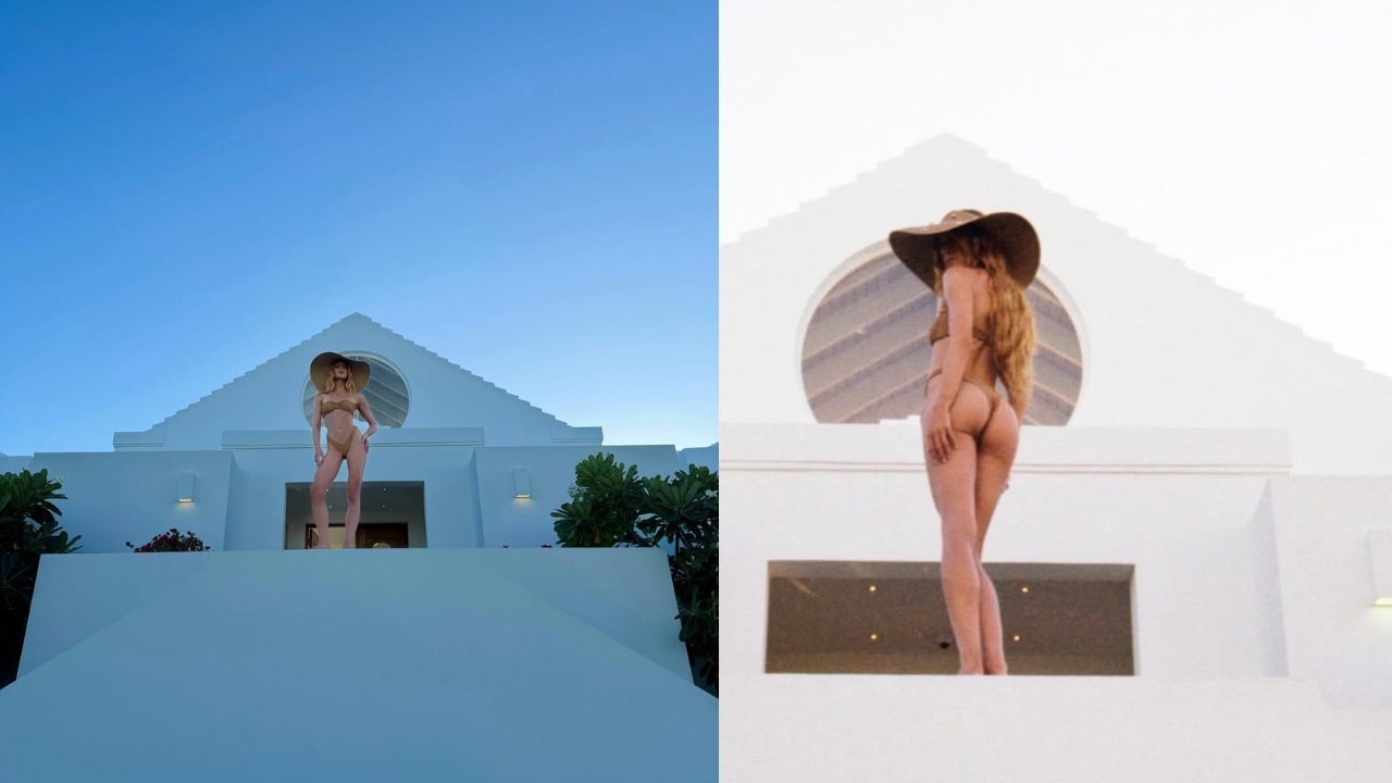 Marina Ruy Barbosa arrasa de biquíni e coleciona elogios nas redes sociais Á esquerda, Marina no céu azul posando de frente com o bíquini marrom e um chapéu de praia, num ângulo distante e superior da câmera. Á esquerda, uma foto de ângulo simular porém com um céu esbranquiçado e Marina de costas