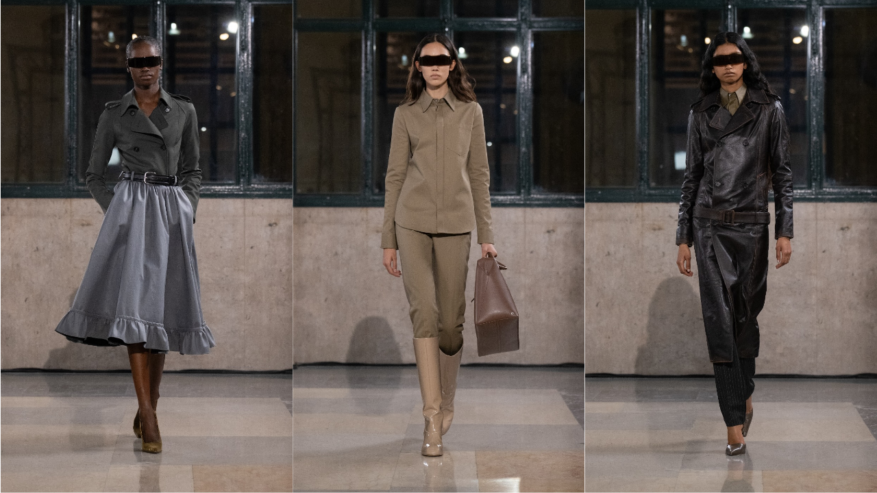 Modelos desfilam looks da MM6 Maison Margiela Outono/Inverno 2026 com propostas em alfaiataria estruturada, saias midi volumosas, botas de cano alto e conjunto de couro em tons neutros durante a Milan Fashion Week.