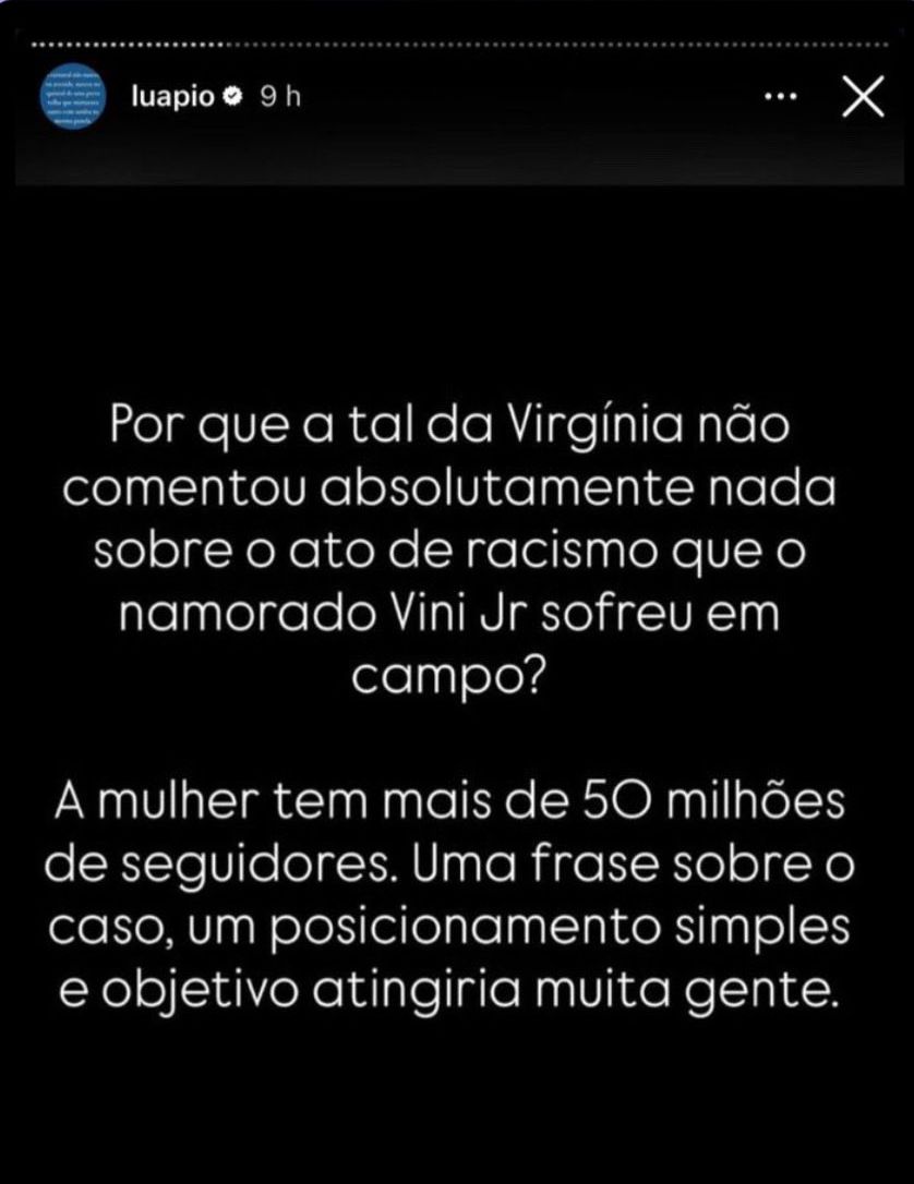 Texto postado nos story do Instagram de Luana Piovani falando sobre a Virginia