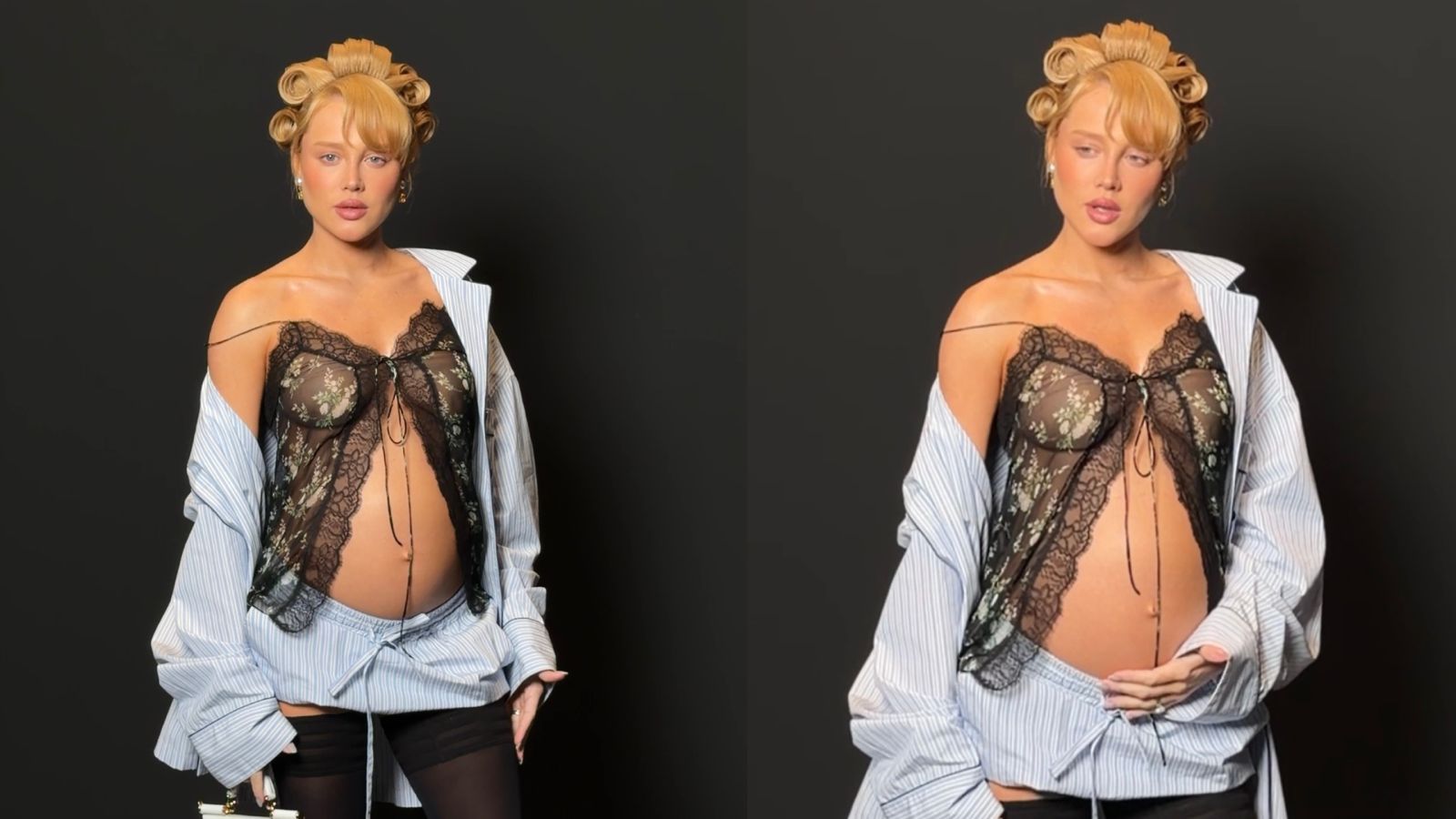 Malu Borges em desfile em Milão, O look trouxe camisola de renda preta com transparência, sobreposta por camisa listrada azul usada de forma desestruturada, meia-calça preta e bolsa branca da maison e com bobs no cabelo
