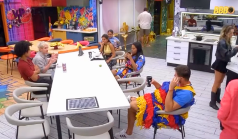 A imagem mostra a cozinha da casa de um reality show, com vários participantes sentados ao redor de uma grande mesa branca retangular. O ambiente é colorido e moderno, com móveis claros e detalhes vibrantes ao fundo.

À esquerda da mesa, três participantes estão sentados lado a lado. Um deles tem cabelo cacheado e veste roupa escura. Ao lado, um rapaz de cabelo curto e claro gesticula com as mãos enquanto conversa. Perto deles, uma mulher de cabelos escuros e longos observa a conversa, segurando um copo.

Do outro lado da mesa, duas mulheres também acompanham o diálogo. Uma veste roupas coloridas e está sentada mais ao centro, enquanto a outra observa a discussão com atenção.

Em primeiro plano, à direita, um participante sentado usa uma roupa chamativa nas cores vermelho, azul e amarelo, semelhante a um figurino festivo. Ele segura um copo e leva a mão ao rosto, como se estivesse pensativo ou reagindo ao que está sendo dito.

Ao fundo, é possível ver a área da cozinha com armários brancos, bancada, utensílios e eletrodomésticos. Um participante de roupa clara caminha de costas perto da bancada. Nas paredes, há painéis decorativos coloridos e elementos de cenário típicos do programa.

A cena transmite a sensação de um momento de conversa ou discussão coletiva entre os participantes reunidos na cozinha da casa.