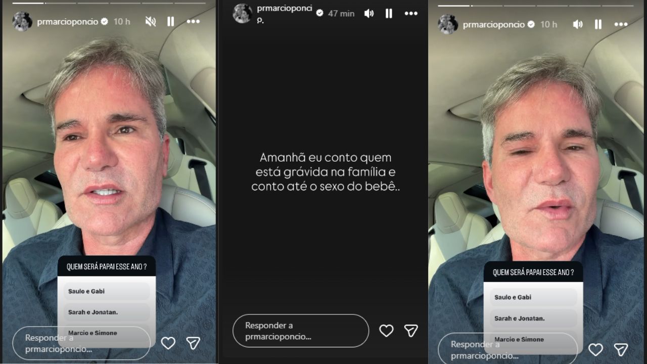 A imagem é uma montagem com três capturas de tela de stories publicados por Márcio Poncio no Instagram. Nas duas imagens laterais, ele aparece dentro de um carro, sentado no banco do motorista ou passageiro, com cinto de segurança visível. É um homem de pele clara, cabelos grisalhos e curtos, usando uma camisa escura. Ele olha diretamente para a câmera, com expressão séria enquanto fala. Sobre a imagem, há uma caixa de enquete com a pergunta “Quem será papai esse ano?” e três opções: “Saulo e Gabi”, “Sarah e Jonathan” e “Marcio e Simone”. Na imagem central, o fundo é preto com texto branco, como se fosse outro story. A mensagem diz: “Amanhã eu conto quem está grávida na família e conto até o sexo do bebê...”. No topo das três imagens aparece o nome de usuário “prmarcioponcio”, indicando que os conteúdos foram publicados por ele. A montagem reúne os stories para destacar o anúncio misterioso e a enquete feita com os seguidores.