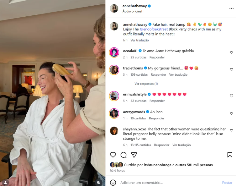 Anne Hathaway se pronuncia sobre rumores de que sua barriga de grávida é falsa Anne Hathaway se pronuncia sobre rumores de que sua barriga de grávida é falsa