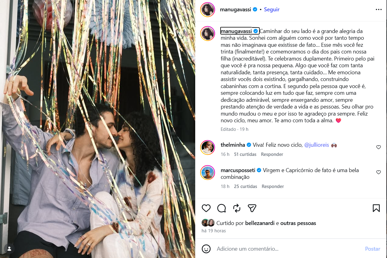 Manu Gavassi comemora aniversário de seu noivo, Jullio Reis com declaração de amor