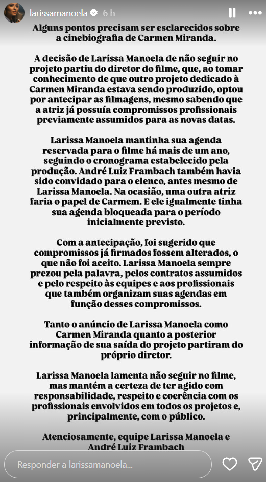 Larissa Manoela confirma que não interpretará mais Carmen Miranda nos cinemas