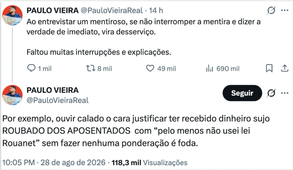 Ator Paulo Vieira critica Tralli e Renata em entrevista com Flávio: "Desserviço"