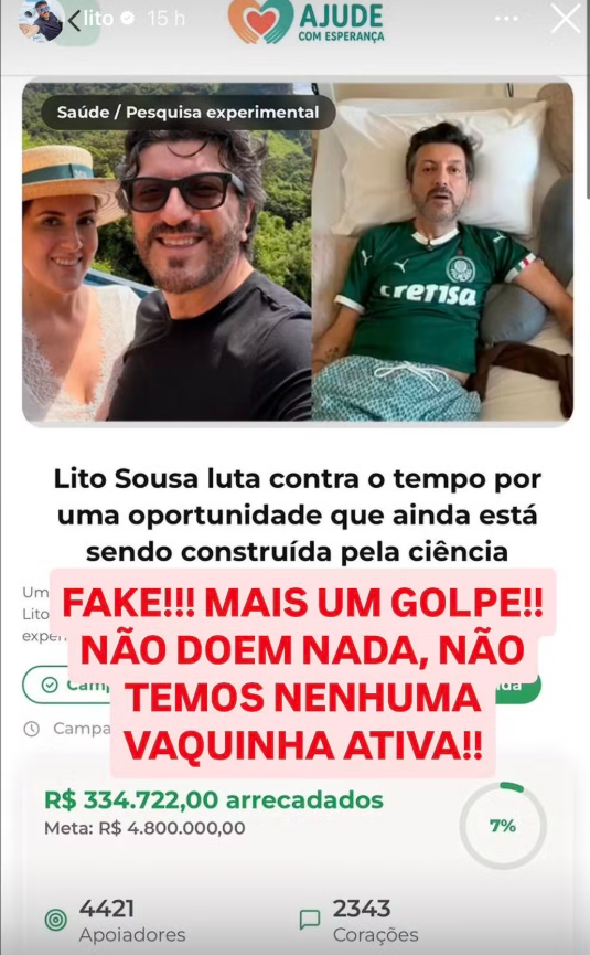 Lito Sousa: família alerta sobre falsas vaquinhas e diz que não está arrecadando dinheiro Lito Sousa: família alerta sobre falsas vaquinhas e diz que não está arrecadando dinheiro