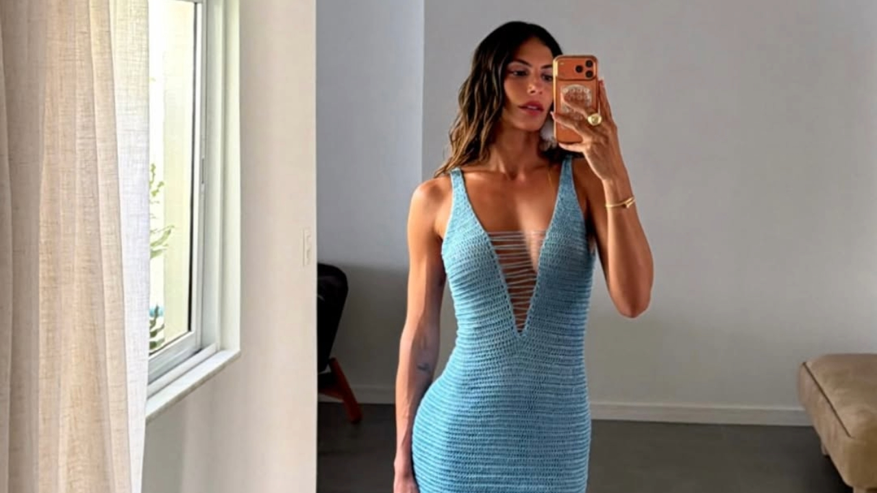 Mari Gonzalez aparece em vestido de pele à mostra de crochê, apostando em cor tendência