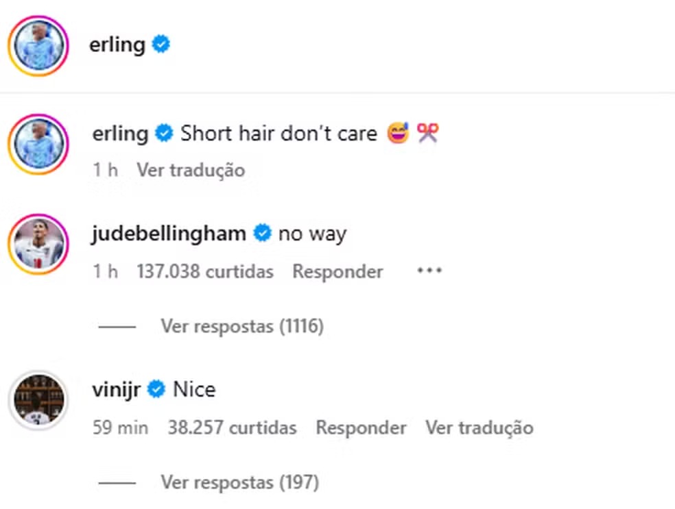 Vini Jr. reage ao novo visual de Haaland com cabelo curto Vini Jr. reage ao novo visual de Haaland com cabelo curto