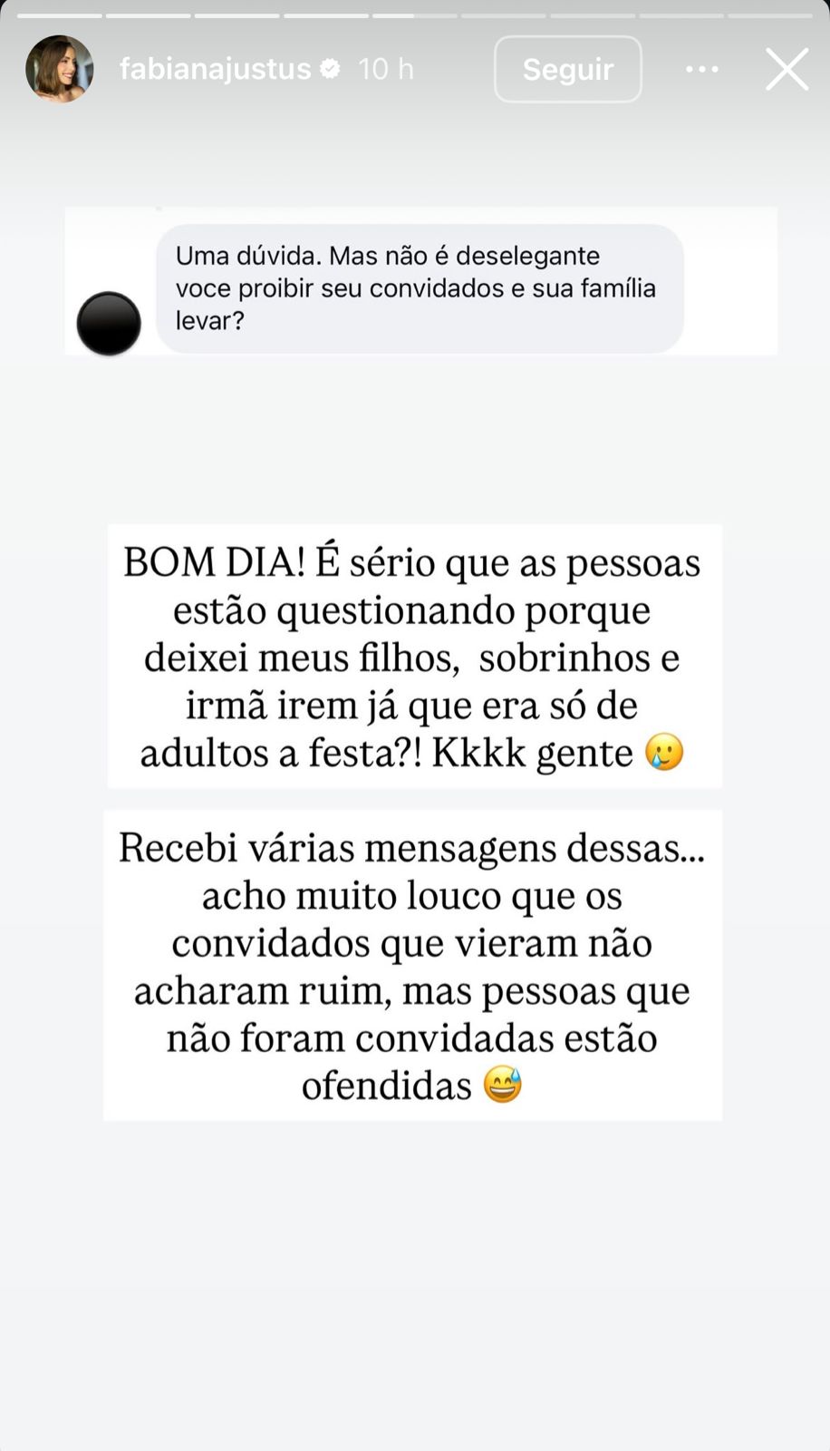 Fabiana Justus responde a críticas sobre festa sem crianças: “Quem não foi convidado está ofendido” Fabiana Justus responde a críticas sobre festa sem crianças: “Quem não foi convidado está ofendido”