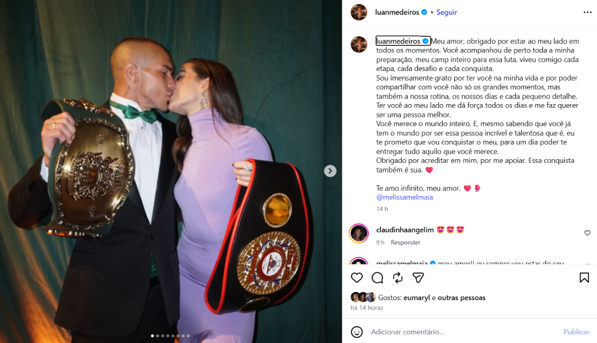 Luan Medeiros homenageia Mel Maia após conquistar cinturão latino-americano de boxe Luan Medeiros homenageia Mel Maia após conquistar cinturão latino-americano de boxe
