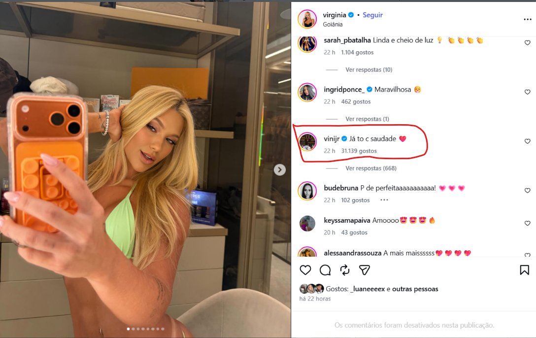 Vini Jr. comenta 'Já tô com saudade' na volta de Virginia Fonseca ao Brasil Vini Jr. comenta 'Já tô com saudade' na volta de Virginia Fonseca ao Brasil