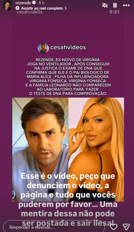 Ex de Virginia Fonseca, Rezende reage a fake news sobre paternidade da filha dela