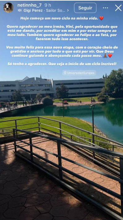 Irmão de Vini Jr. celebra entrada em faculdade em Madri e faz agradecimento ao jogador