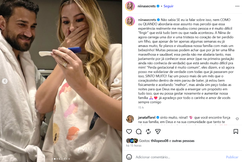 Niina Secrets revela perda do bebê e desabafa sobre momento difícil: ‘Dor e uma tristeza no coração’