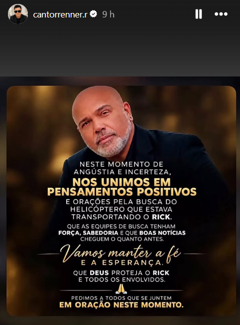 Renner, da dupla Rick e Renner, faz desabafo após aeronave desaparecer Renner, da dupla Rick e Renner, faz desabafo após aeronave desaparecer