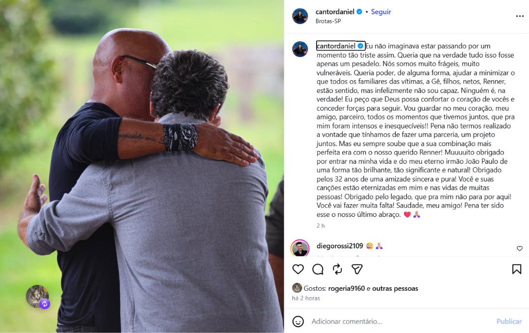 Daniel lamenta morte de Rick e faz homenagem ao amigo: “Queria que tudo isso fosse apenas um pesadelo” Daniel lamenta morte de Rick e faz homenagem ao amigo: “Queria que tudo isso fosse apenas um pesadelo”