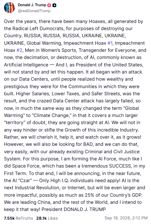 Post de Donald Trump em sua rede social anunciando a criação de uma força tarefa para cuidar da segurança em relação à intligência artificial