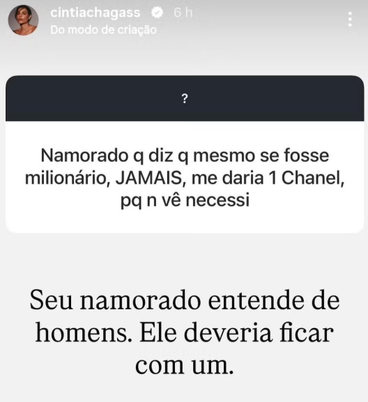 Cíntia Chagas fala sobre relacionamento com Barrichello após pergunta de internauta Cíntia Chagas fala sobre relacionamento com Barrichello após pergunta de internauta