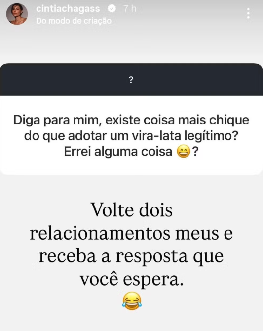 Cíntia Chagas fala sobre relacionamento com Barrichello após pergunta de internauta Cíntia Chagas fala sobre relacionamento com Barrichello após pergunta de internauta