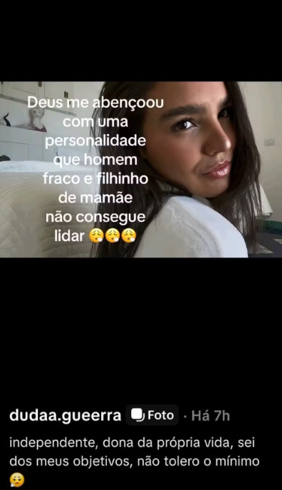 Duda Guerra compartilha mensagem e seguidores apontam possível indireta para Benício