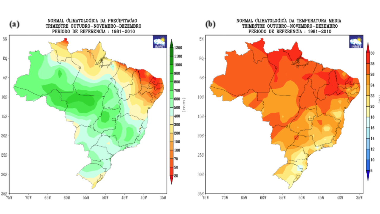 Primavera começa nesta terça-feira com previsão de calor e chuvas intensas no Brasil Mapa apresenta as médias históricas de precipitação e temperatura para os meses de outubro, novembro e dezembro, com base no período de 1981 a 2010