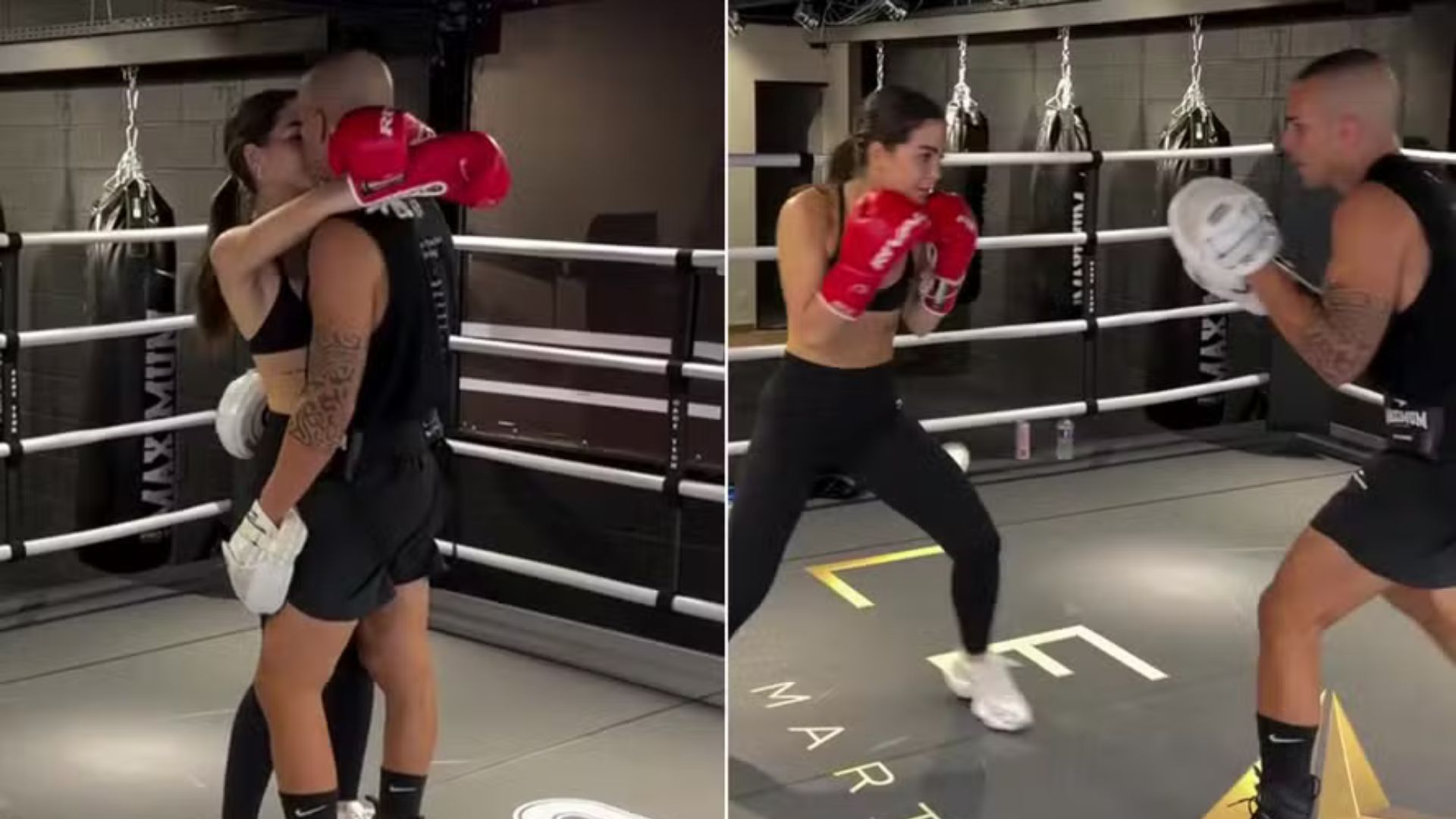 Mel Maia divide treino com o namorado, o lutador Luan Medeiros, e não economiza nos beijos durante a prática