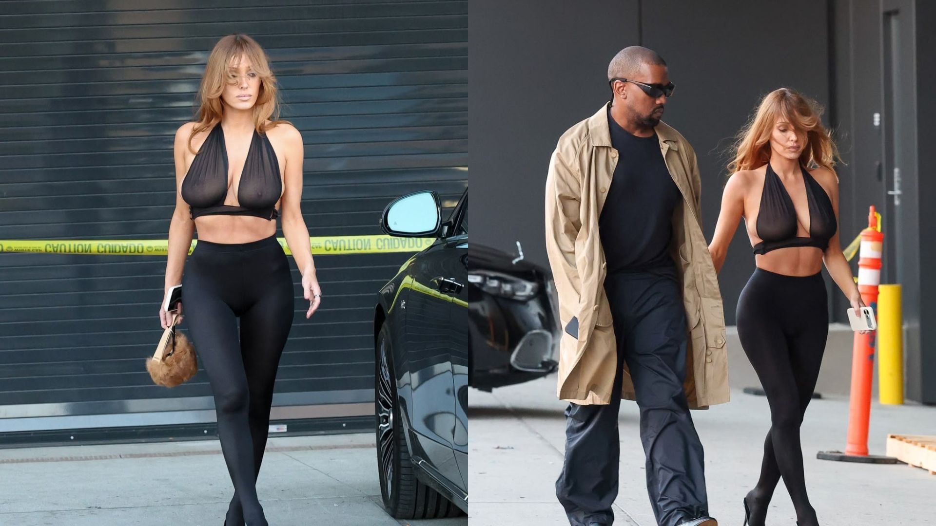 Em passeio com Kanye West, Bianca Censori rouba a cena ao surgir vestindo apenas cropped transparente e meia-calça