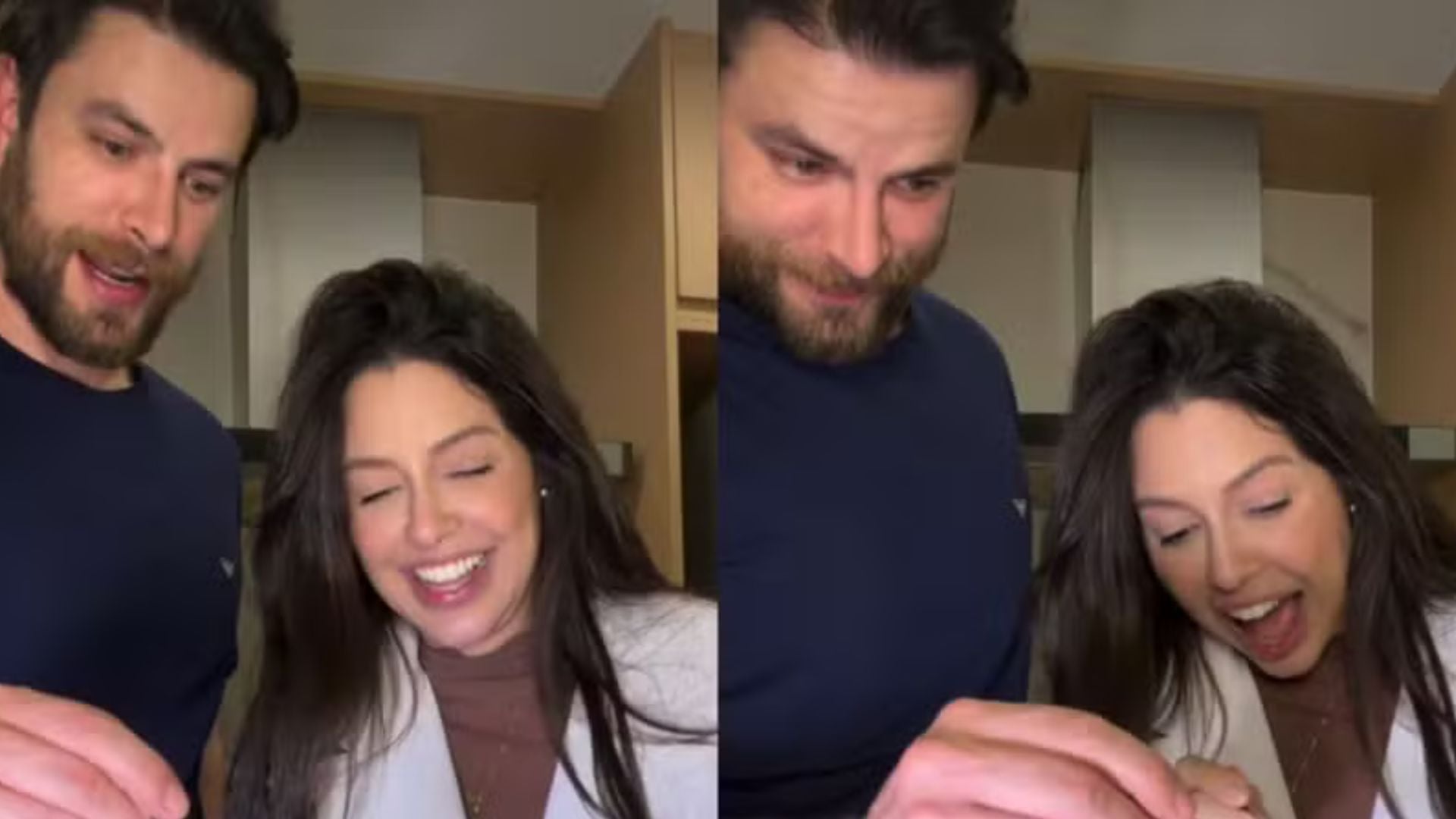 Celebrando o primeiro ano de união, Laís Caldas e Gustavo provam fatia do bolo da festa guardado e divertem os fãs