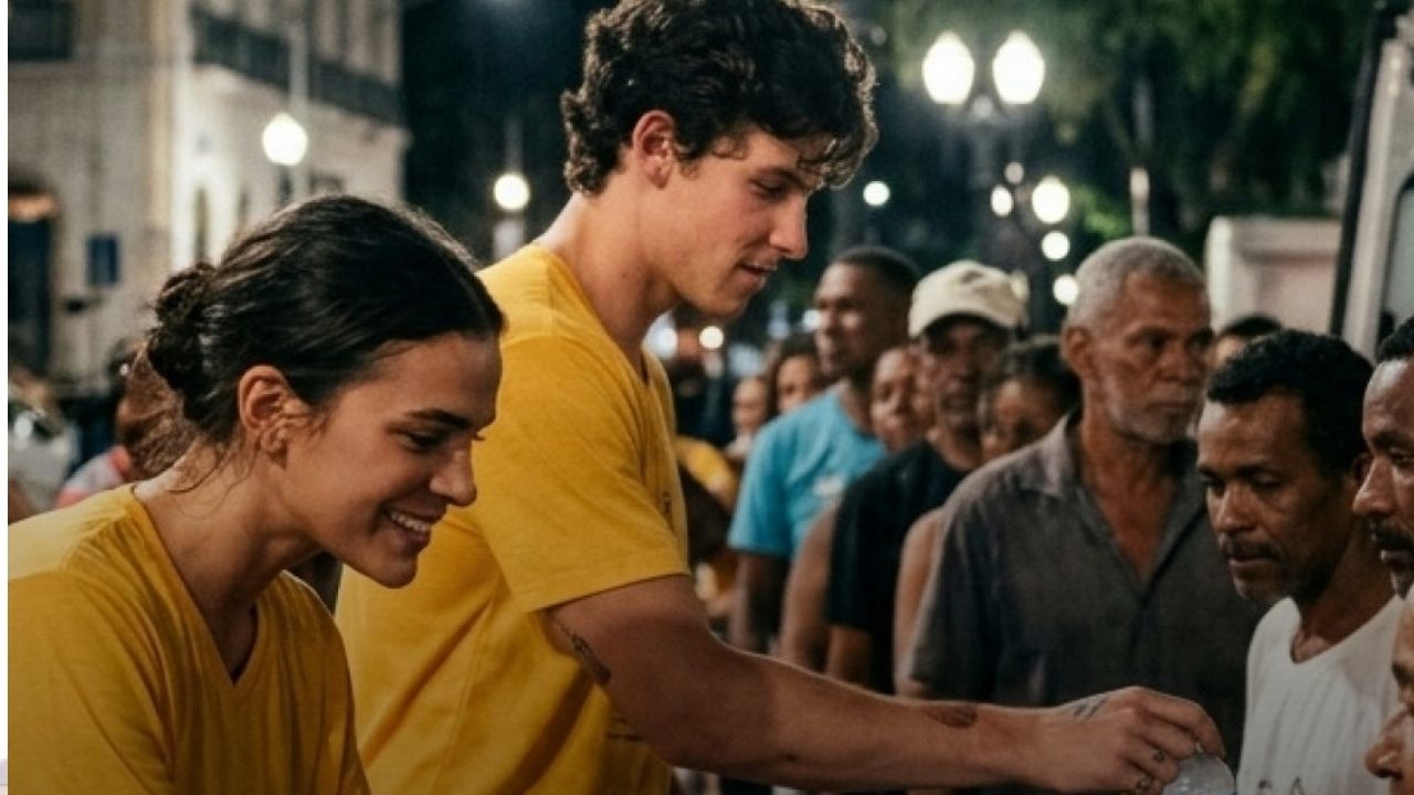 Bruna Marquezine e Shawn Mendes participam de ação que distribui 3 mil quentinhas no Rio