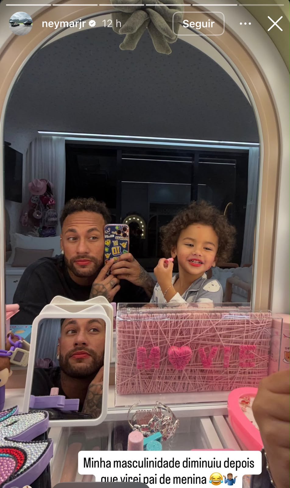 Neymar Jr. entra na brincadeira com Mavie e aparece maquiado: ‘Minha masculinidade diminuiu’