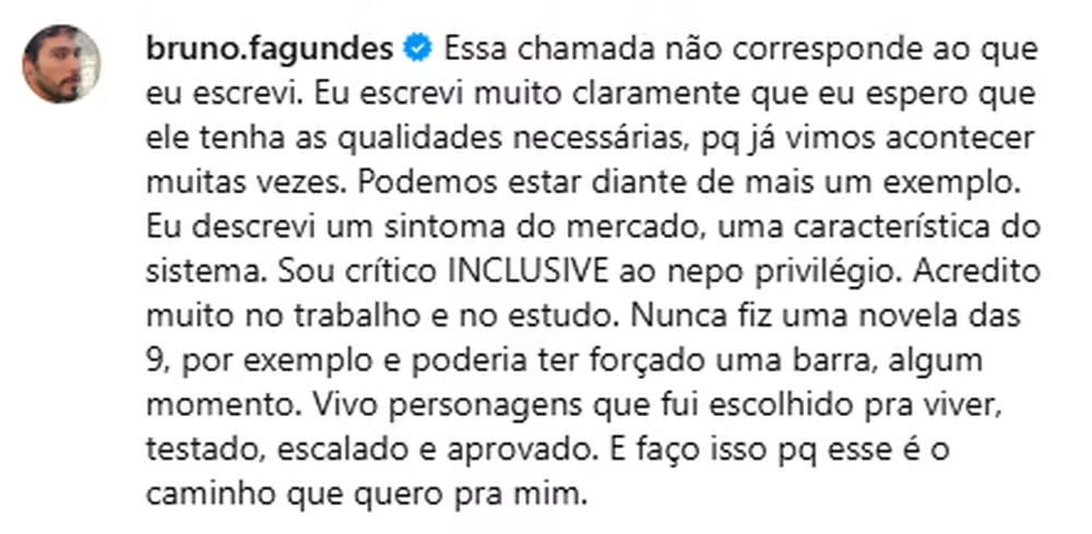Bruno Fagundes se pronuncia sobre escalação de Juliano Floss em nova novela e afirma: “Acredito no trabalho e no estudo”