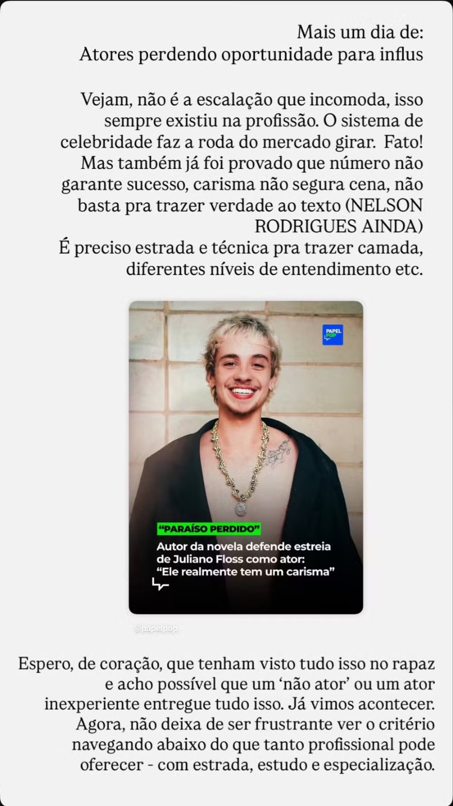 Bruno Fagundes se pronuncia sobre escalação de Juliano Floss em nova novela e afirma: “Acredito no trabalho e no estudo”