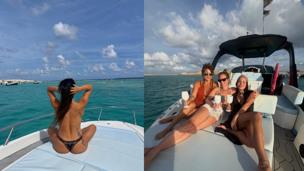 Ju Knust registra momentos topless em passeio de barco em viagem a Formentera