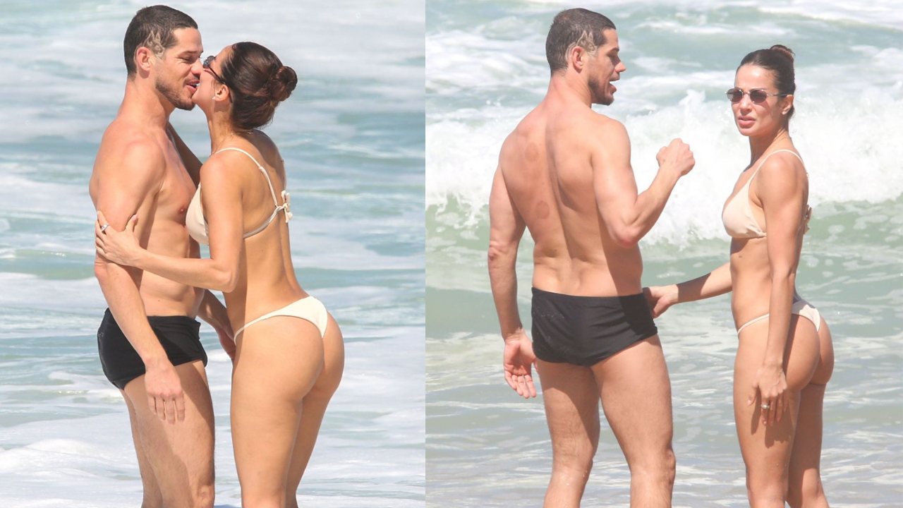 Nanda Marques e José Loreto curtem praia no Rio com chamego e brincadeiras