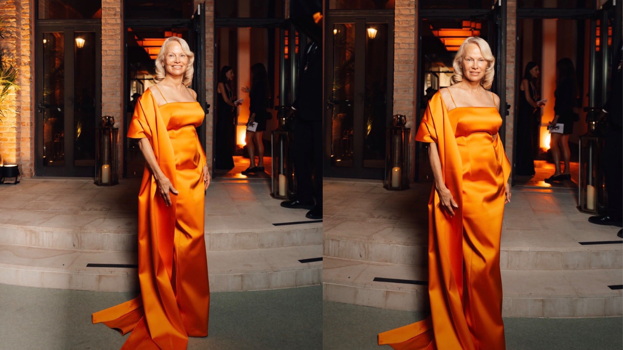 Pamela Anderson brilha em Veneza sem maquiagem e recebe prêmio de coragem do amfAR
