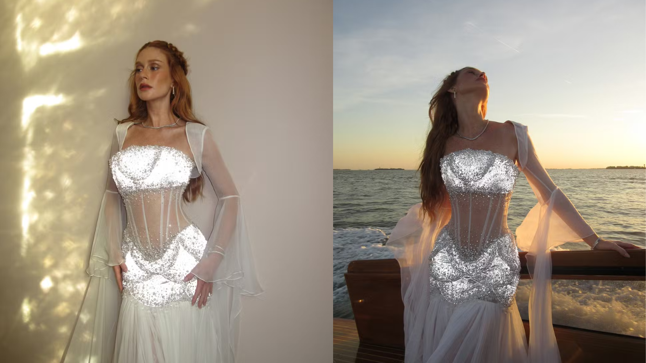 Marina Ruy Barbosa usa look all white com cristais no Festival de Veneza