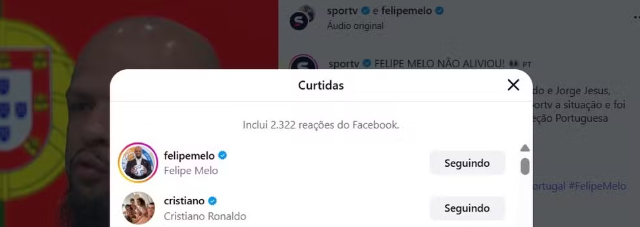 Cristiano Ronaldo curte postagem com fala de Felipe Melo e repercute em Portugal