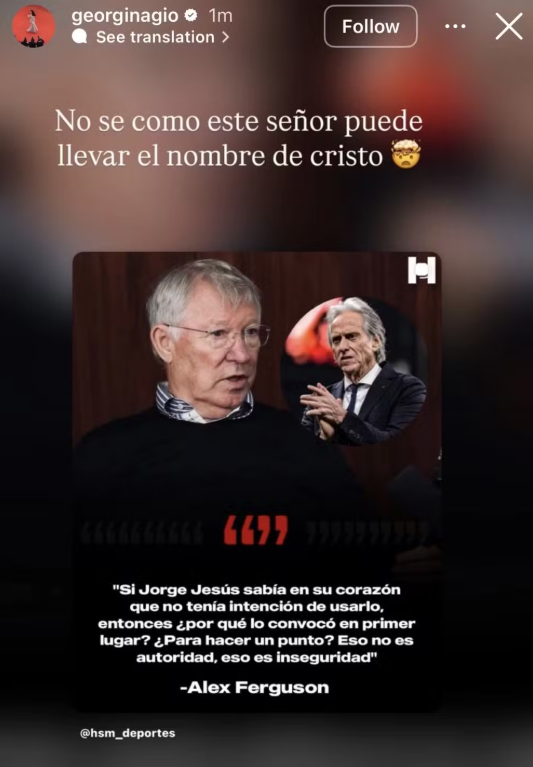 Georgina Rodríguez publica declaração fake sobre Jorge Jesus nas redes sociais